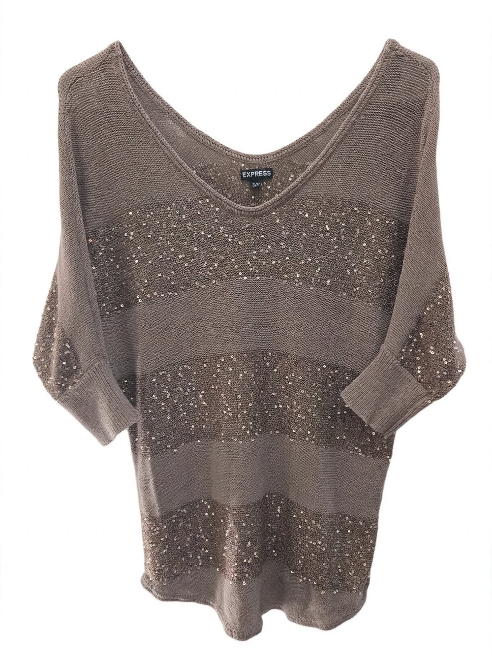Express Taupe Sequin Stripe Dolman V-Neck Sweater Size S/P